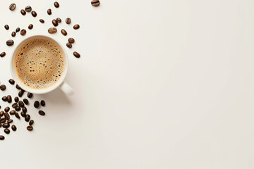 close up isolated image of a cup of coffee on a white neutral background, view from above, copy space