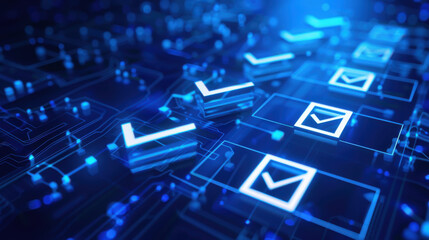A blue-themed virtual display with a document checklist for compliance and standards, highlighting adherence to legal and regulatory policies through checkmark boxes