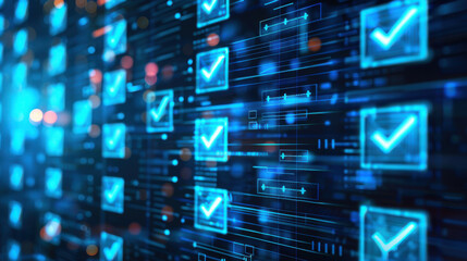 A blue-themed virtual display with a document checklist for compliance and standards, highlighting adherence to legal and regulatory policies through checkmark boxes