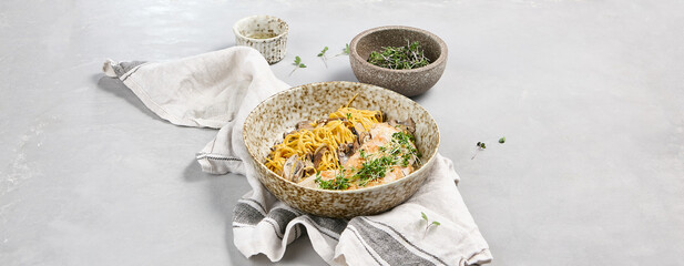 Egg Pasta with Mushrooms and Chicken Fillet on a Ceramic Plate