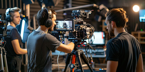 A film crew working in a studio setting. They are setting up a camera and microphone in front of a green screen.
