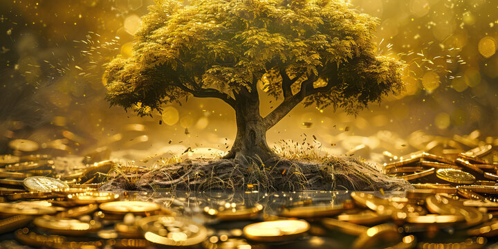 Wise Investment: A tree symbolizing growth and stability, its roots intertwined with a golden investment coin.