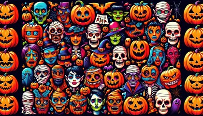  A dense, colorful collage of Halloween characters, monsters, and pumpkins with expressive faces..Concept: Halloween Monster Mashup