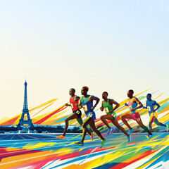 Athletes running in Paris with the Eiffel Tower in the background. Bright and dynamic colors emphasize the energy and motion of the runners.