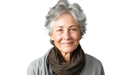 Smiling confident stylish mature middle aged woman on transparent background.