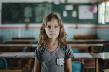 A serious schoolgirl in a classroom, displaying sadness and studying alone with a focused expression.