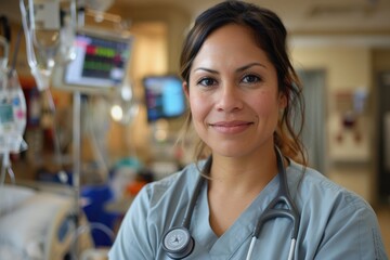 Fototapeta premium Professional Nurse in Hospital Setting with Medical Equipment, Natural Light, Medium Shot