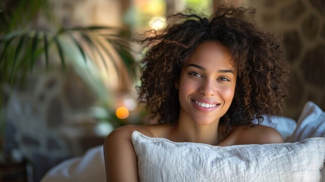 In a tranquil bedroom, a woman smiles warmly as she embraces a pillow. The space is decorated in soothing colors and features a minimalist design that emphasizes comfort. The bed is neatly made, and