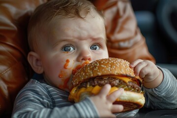 Naklejka premium Baby eating hamburger. Unhealthy junk food. Ai generative