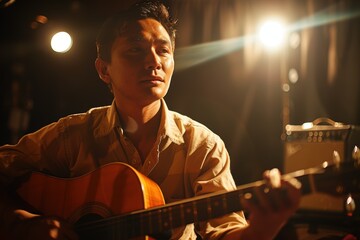 Fototapeta premium Talented Musician Performing in Studio with Instrument under Spotlight - Professional Medium Shot