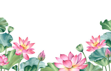 Watercolor pink lotuses on a white background. Water lilies are hand painted. A composition with a lotus. A template for the design of postcards, invitations, and fabrics.