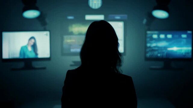 Hacker silhouette in dark room with multiple computer screens displaying confidential data, cybercrime concept