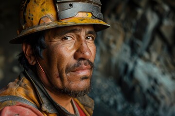 Confident Miner in Underground Shaft with Helmet, Harsh Lighting - Portrait in Medium Shot