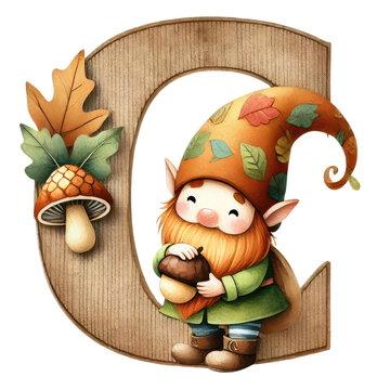 recommend clip art: autumn alphabet with gnome, A charming and whimsical watercolor illustration of the letter A-Z designed for nursery art. The letter is adorned with an autumn gnome.