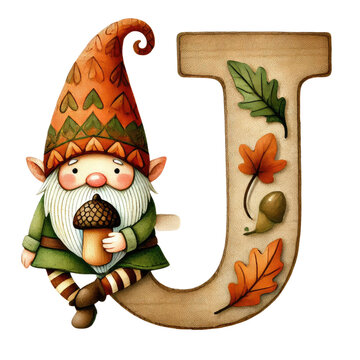 gnome holding acorn next to wooden letter clip art preview