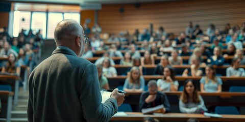A man stands in front of a large audience, giving a lecture. The man is wearing glasses and a gray jacket. The audience is attentive and engaged, listening to the speaker
