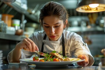 Culinary Artist Plating Dish in Warm Kitchen Light - Chef Portrait with Waist-up View