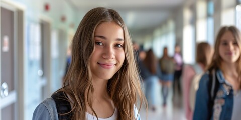 A girl with long hair is smiling and standing in a hallway. She is wearing a backpack and a white shirt