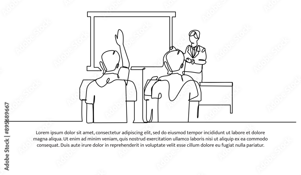 Poster continuous one line design of her is giving an explanation. minimalist style vector illustration on 