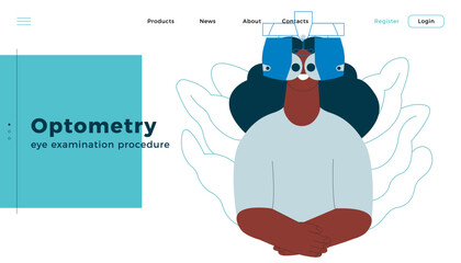 Optometry. Eye Test and Prescription Glasses. Female Perform Eye Test with Automated Digital Phoropter. Modern Flat Vector Illustration. Landing Page Design Template. Website Banner.