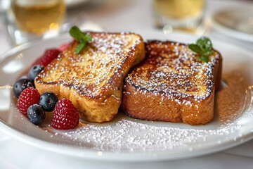 French toast with powdered sugar and a side of berries 
