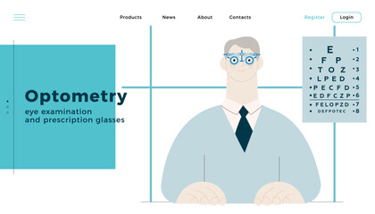 Optometry. Eye Test and Prescription Glasses. Male Patient Wear Adjustable Optical Trial Lens in Medical Office. Modern Flat Vector Illustration. Landing Page Design Template. Website Banner.