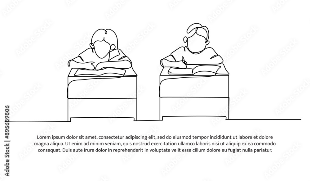 Poster continuous one line design of students are doing assignments. minimalist style vector illustration o