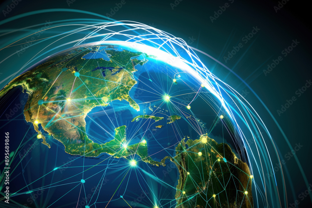 Aufkleber planet earth showing north and south america with glowing interconnected dots symbolizing global com