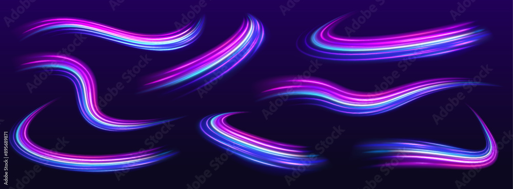 Poster A set of neon swirls with a light effect in the form of a spiral. Vector abstract dynamic dark background. City road car light trails motion background.	