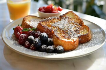 French toast with powdered sugar and a side of berries 