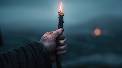 A hand holding a lit torch against a dim, foggy outdoor background. The image symbolizes guidance, strength, and resilience, highlighting themes of hope and perseverance.