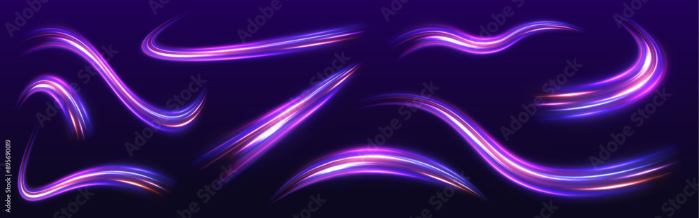 Wall mural a set of neon swirls with a light effect in the form of a spiral. vector abstract dynamic dark backg