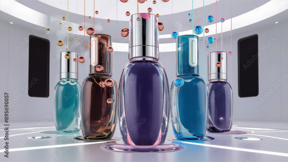 Poster a group of bottles with different colors and shapes are on a table, ai