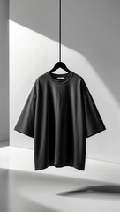 Blank black oversized t-shirt hanging on a black clothes rack, mockup