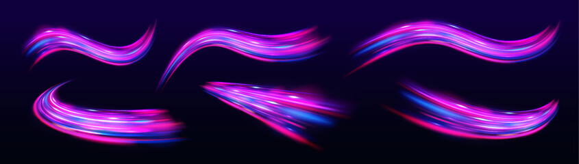 Big set of neon speeds in the form of a road of different light colors. Database fast data transfer acceleration. Colorful dynamic motion on blue background.	