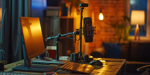 A close-up shot of a studio setup featuring a microphone, computer, and other recording equipment, showcasing a workspace for content creation.