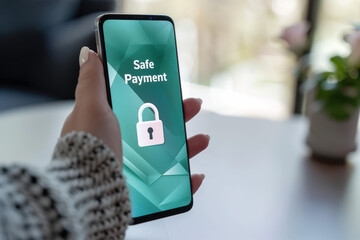 Woman is holding a smartphone with a safe payment screen, ensuring secure online transactions