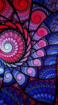 Abstract looping spiral fractal art background, like stained glass. Vertical video.