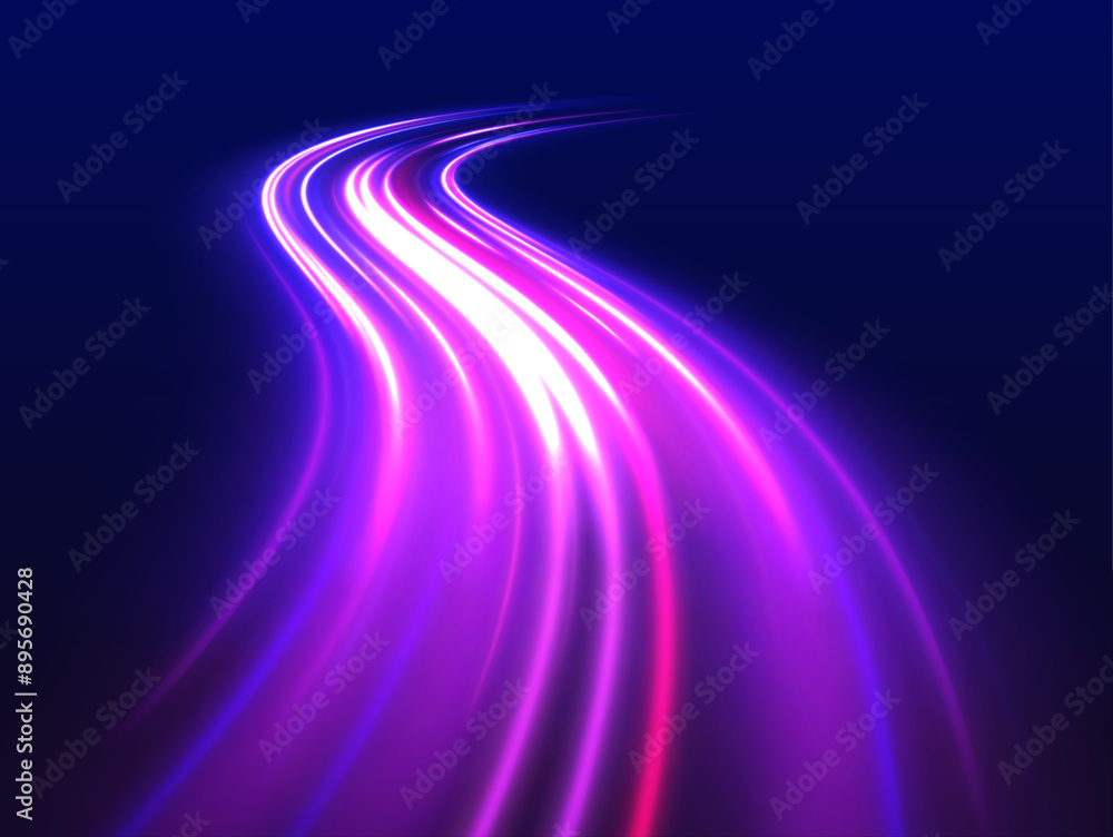 Aufkleber Abstract energy in the form of stripe, arc, curl and zigzag in neon colors with light effect. Acceleration speed motion on night road. Bright sparkling background.	