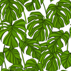 Seamless pattern with tropical hand drawn leaves. Green illustration.