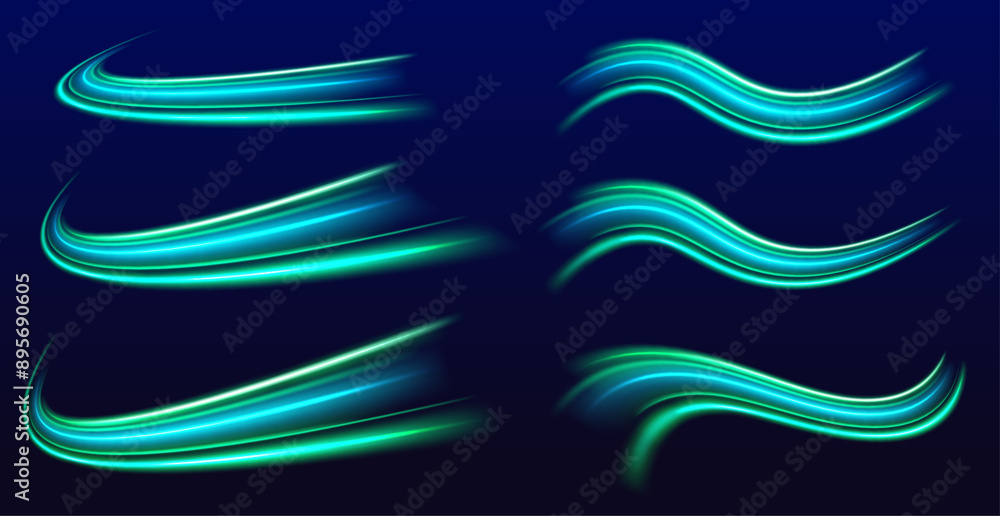 Poster neon green swirls abstract speed line. light and stripes moving fast over dark background. concept o