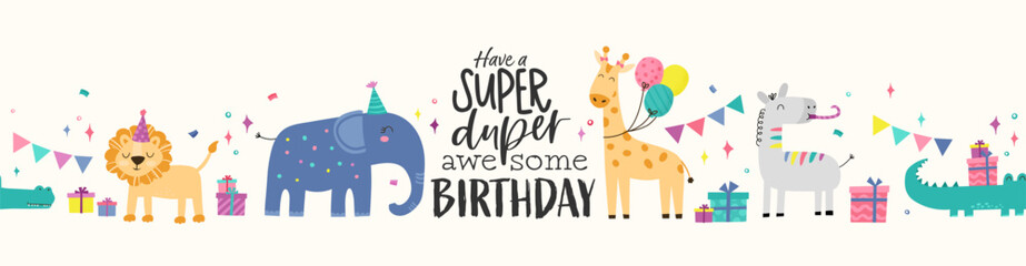Cute hand drawn safari animals seamless pattern, birthday background, great for wrapping, surfaces, backgrounds, wallpapers - vector design