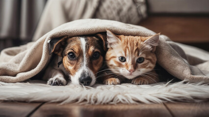 Obraz premium cat and dog playing together under the blanket