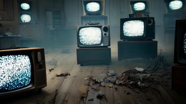 Static noise on vintage televisions in abandoned room