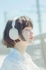 Cute asian girl model a white shirt and headphones, Generative AI