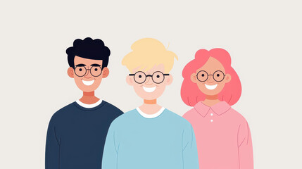Obraz premium Three friends laugh and enjoy a moment together in a vibrant, flat vector design, celebrating friendship and joy.