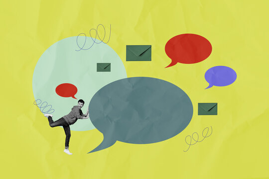 Composite photo collage of happy man push text box notification correspondence bubble speech envelope mail isolated on painted background