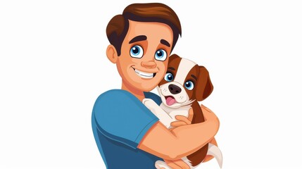A happy man embraces his adorable puppy, showcasing a heartwarming bond in a colorful flat vector style.
