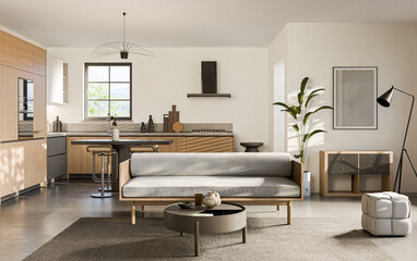 Studio room interior with cooking area, white walls, concrete floor and modern furniture. Minimalist design, 3d rendering