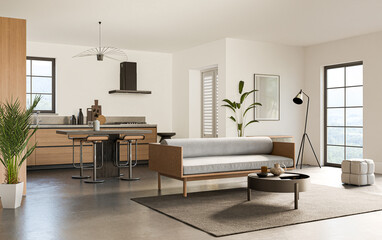 Studio room interior with cooking area, white walls, concrete floor and modern furniture. Minimalist design, 3d rendering